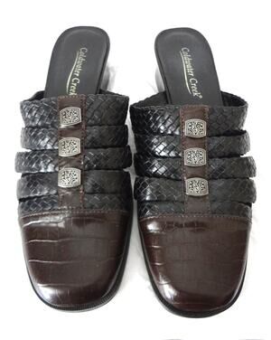 Coldwater Creek Brown Mules 9 Woven Leather Charms Low Block Heel Croc Embossed